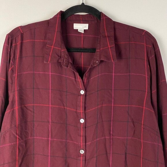 J Jill Button Up Shirt Womens XL Burgundy Plaid Rayon Long Sleeve - Picture 2 of 9